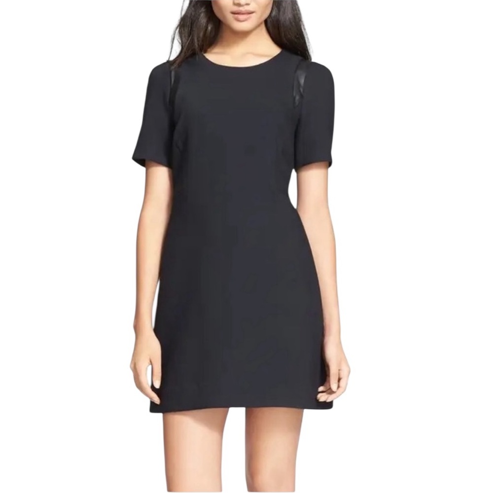 MILLY Margot Black Crepe Lambskin Leather Trimmed Short Sleeve Mini Dress - 2